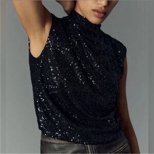 Anthropologie Black Sequin Sleeveless Top XS
